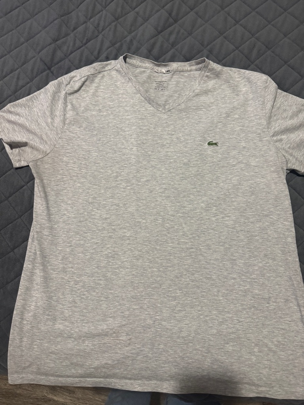Lacoste Light Gray V-Neck Short Sleeve Tee with Green Crocodile Logo